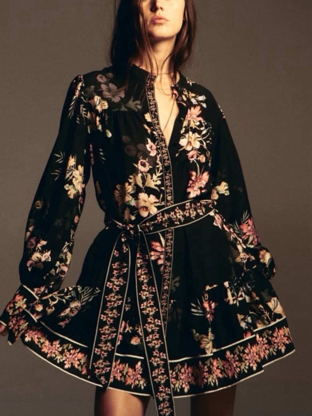 H&M Black Floral Tie-Waist Mini Dress. Size Small